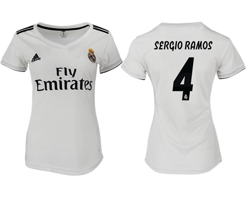 Women's Real Madrid #4 Sergio Ramos Home Soccer Club Jersey