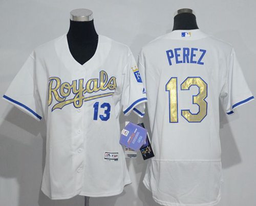 Women's Royals #13 Salvador Perez White Flexbase Authentic 2015 World Series Champions Gold Program Cool Base Stitched MLB Jersey