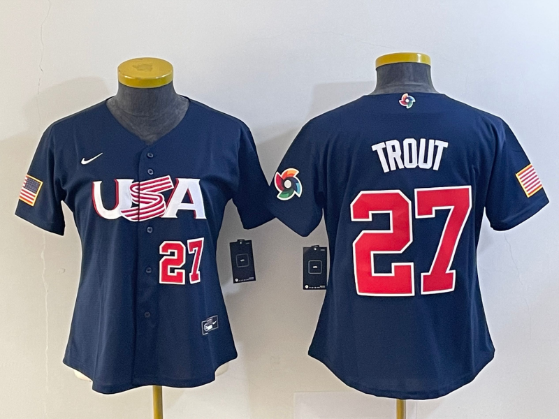 Women's USA Baseball #27 Mike Trout Number 2023 Navy World Classic Stitched Jersey的副本
