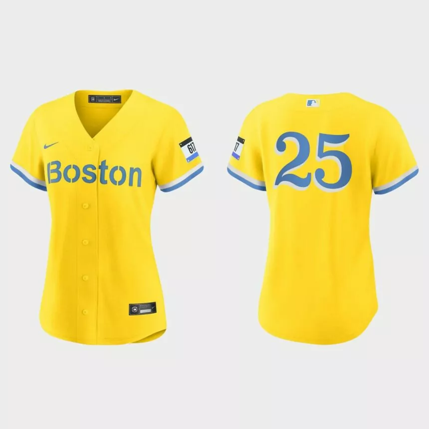 Women Boston Red Sox Kevin Plawecki Gold Light Blue 2021 City Connect Replica Jersey