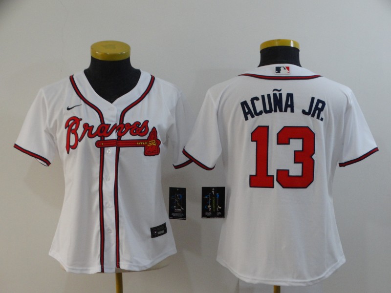 Women Braves 13 Ronald Acuna Jr. White Women 2020 Nike Cool Base Jersey