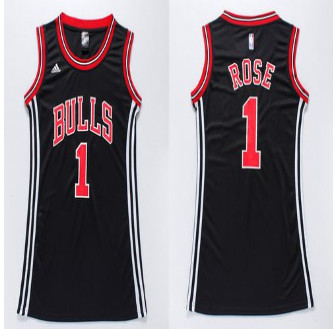 Women Bulls #1 Derrick Rose Black Dress Stitched NBA Jersey