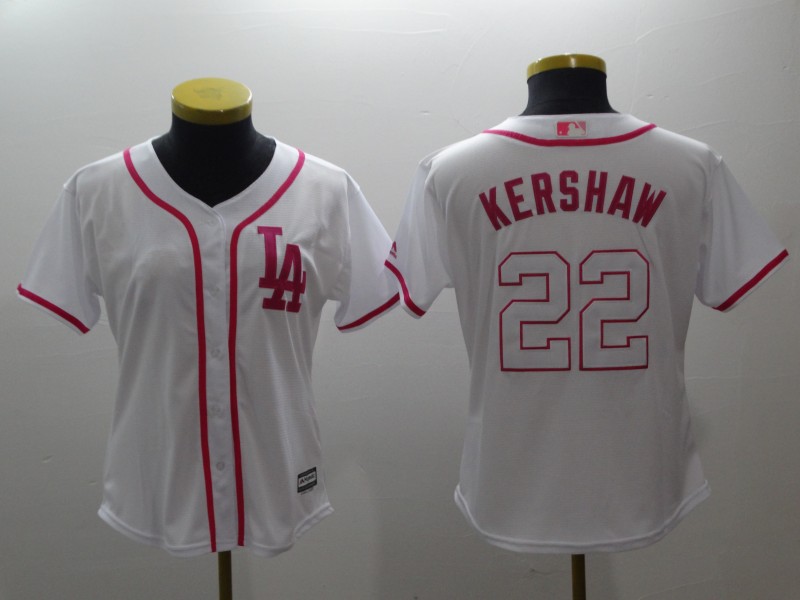Women Dodgers 22 Clayton Kershaw White Pink Women Cool Base Jersey