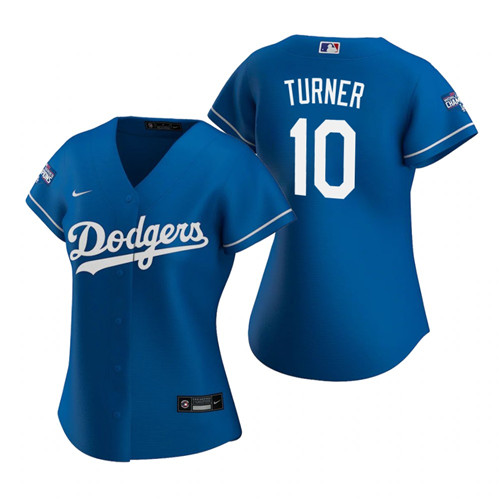 Women Los Angeles Dodgers 10 Justin Turner Royal 2020 World Series Champions Replica Jersey