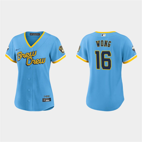 Women Milwaukee Brewers #16 Kolten Wong Powder Blue 2022 City Connect Jersey
