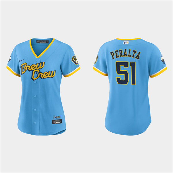 Women Milwaukee Brewers #51 Freddy Peralta Powder Blue 2022 City Connect Jersey