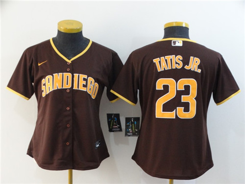 Women Padres 23 Fernando Tatis Jr. Brown Women Nike 2020 Cool Base Jersey