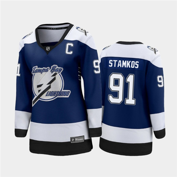 Women Tampa Bay Lightning #91 Steven Stamkos Adidas 2021 Blue NHL Reverse Retro Jersey Stitched