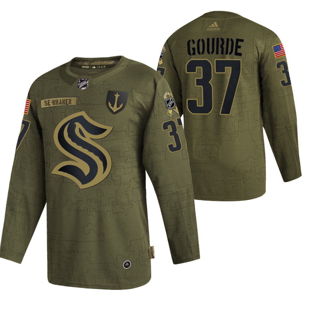 Yanni Gourde Kraken Veterans Day 2021 Olive Military Appreciation Jersey