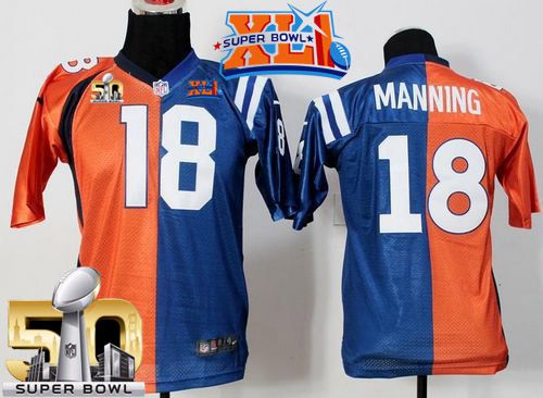 Youth  Nike Broncos #18 Peyton Manning Orange Blue Super Bowl XLI & Super Bowl 50 Stitched NFL Elite Split Colts Jersey