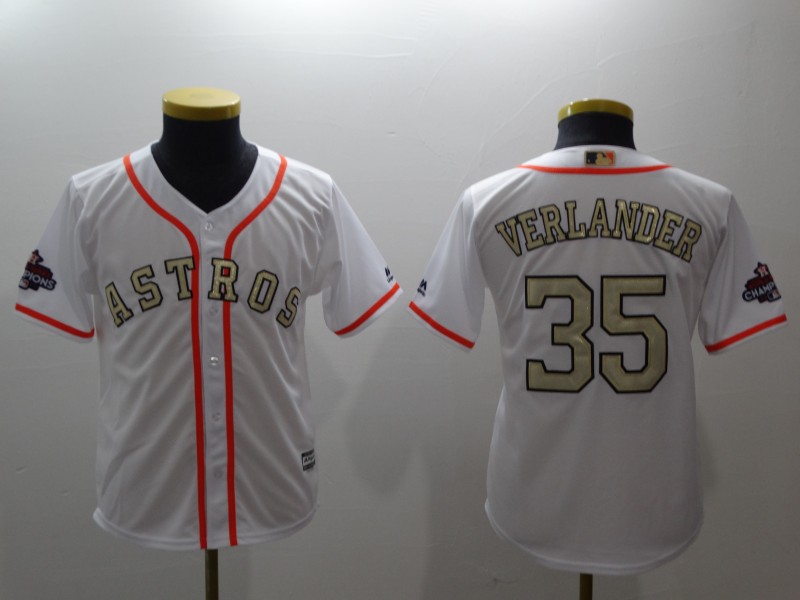 Youth Astros 35 Justin Verlander White Youth 2017 World Series Champions Cool Base Player Jersey