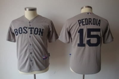 Youth Boston Red Sox 15 Dustin Pedroia Cool Base Grey Jerseys