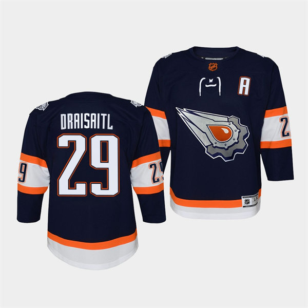 Youth Edmonton Oilers #29 Leon Draisaitl Navy 2022 Reverse Retro Jersey 
