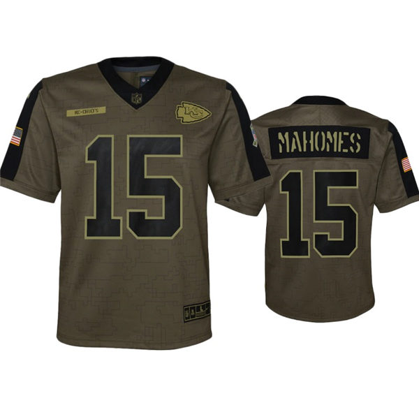 Youth Kansas City Chiefs #15 Patrick Mahomes Nike 2021 Olive Golden Salute To Service Jersey