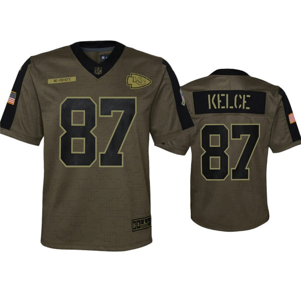 Youth Kansas City Chiefs #87 Travis Kelce Nike 2021 Olive Golden Salute To Service Jersey