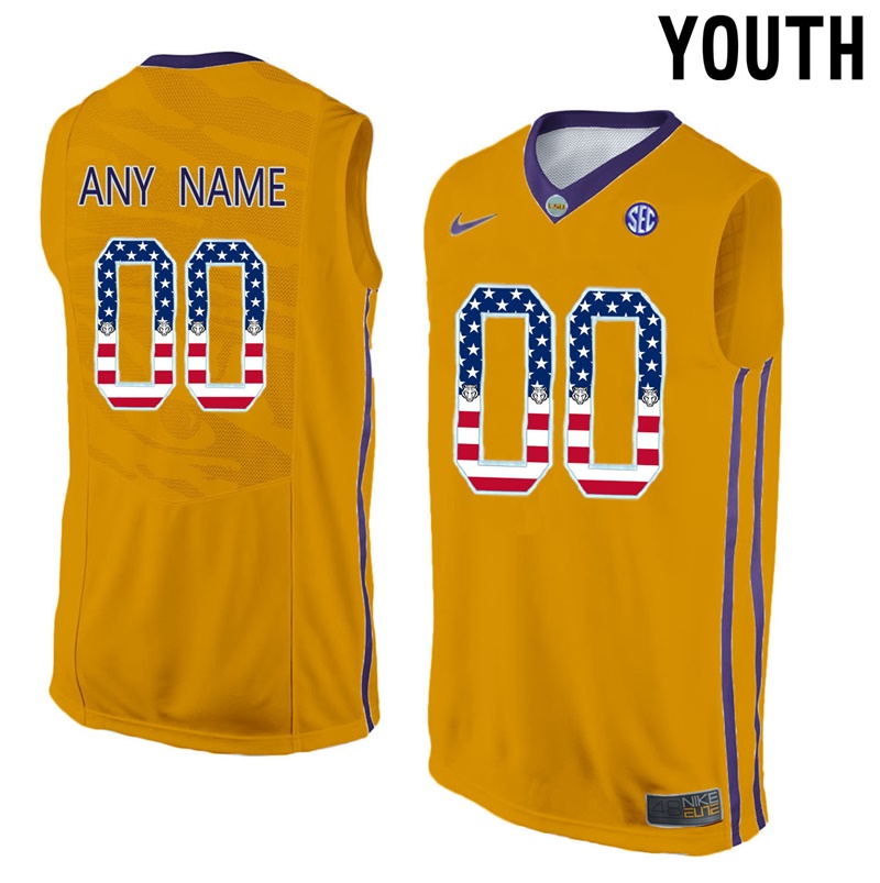 Youth LSU Tigers Gold College Basketball US Flag Fashion Customized Jersey