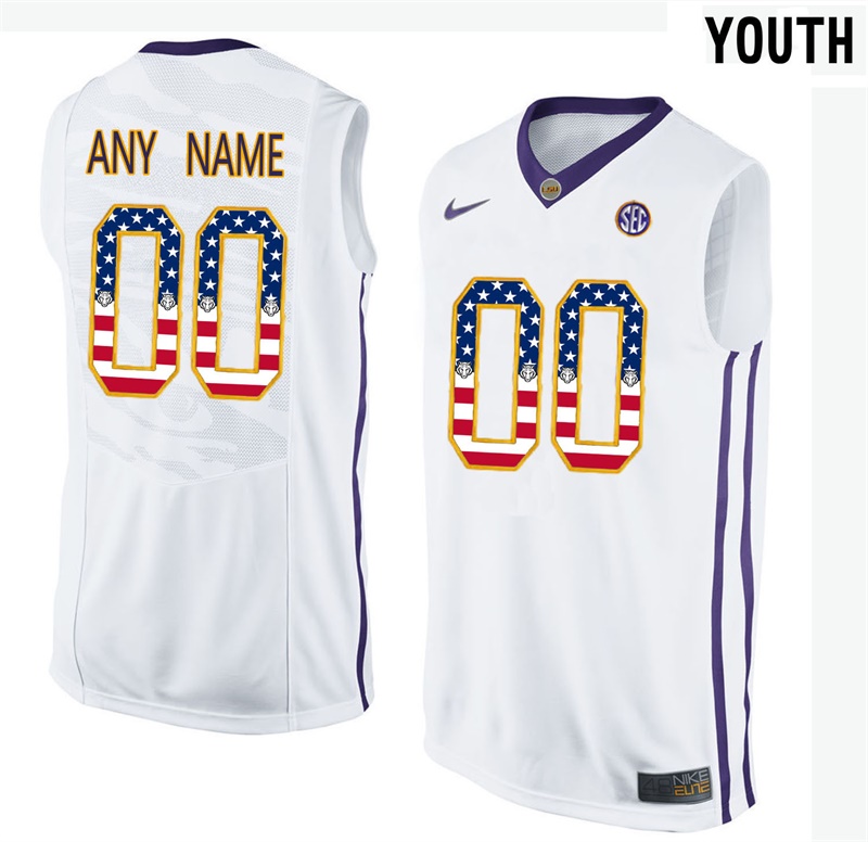 Youth LSU Tigers White College Basketball US Flag Fashion Customized Jersey