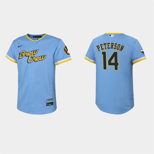 Youth Milwaukee Brewers #14 Jace Peterson Powder Blue 2022 Stitched City Connect Jersey