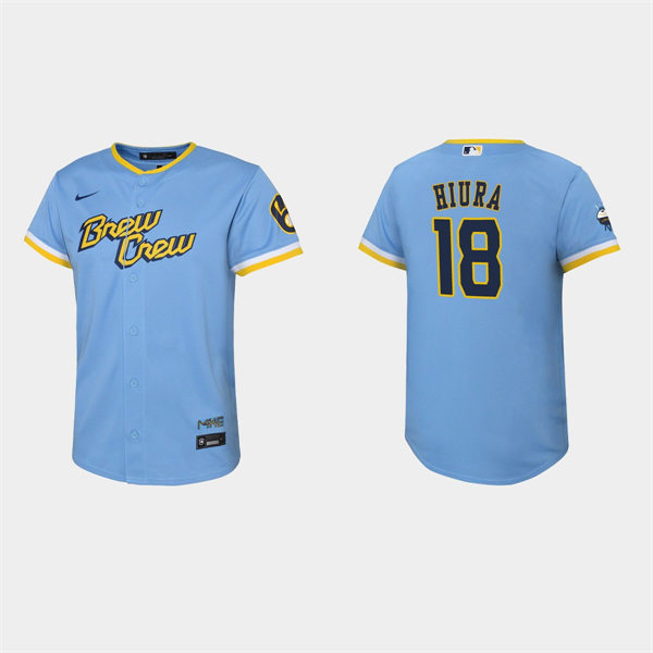 Youth Milwaukee Brewers #18 Keston Hiura Powder Blue 2022 Stitched City Connect Jersey
