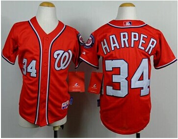 Youth Nationals #34 Bryce Harper Red Cool Base Baseball Jersey