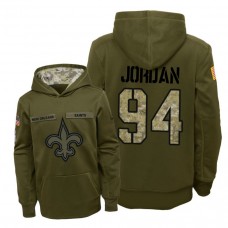 Youth New Orleans Saints #94 Cameron Jordan Olive Hoodie 2018 Salute To Service