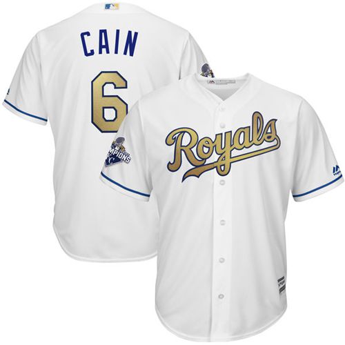 Youth Royals #6 Lorenzo Cain White 2015 World Series Champions Gold Program Cool Base Stitched MLB Jersey