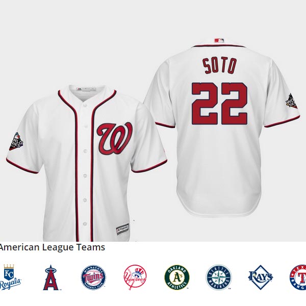 Youth Washington Nationals #22 Juan Soto White 2019 World Series Bound Cool Base Jersey