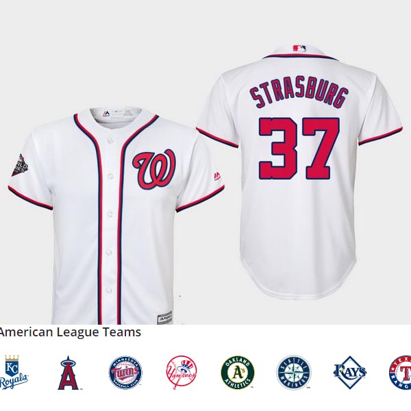 Youth Washington Nationals #37 Stephen Strasburg White 2019 World Series Bound Washington Nationals Cool Base Jersey