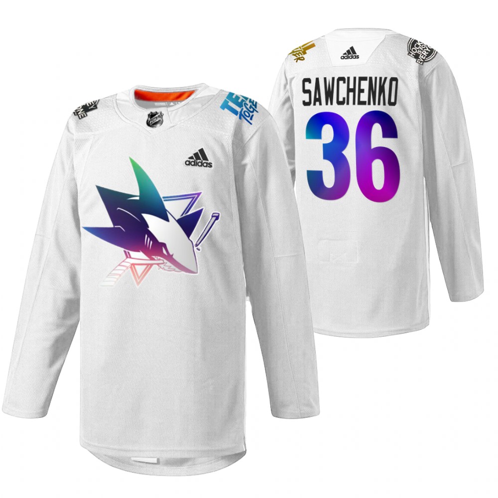 Zach Sawchenko Sharks Pride Night 2022 Jersey White HockeyIsForEveryone