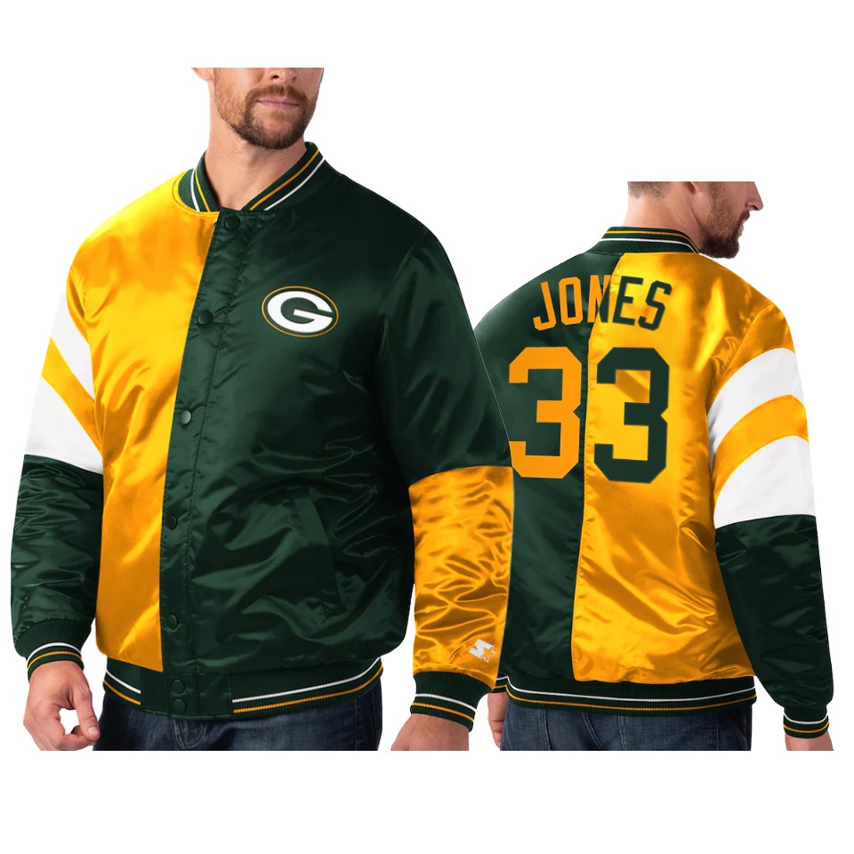 aaron jones packers green gold split leader varsity jacket