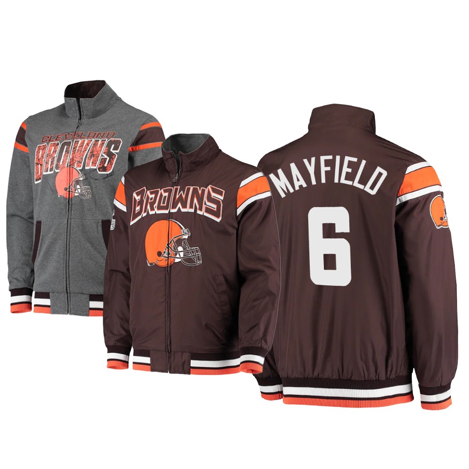 baker mayfield browns brown charcoal offside reversible full zip jacket