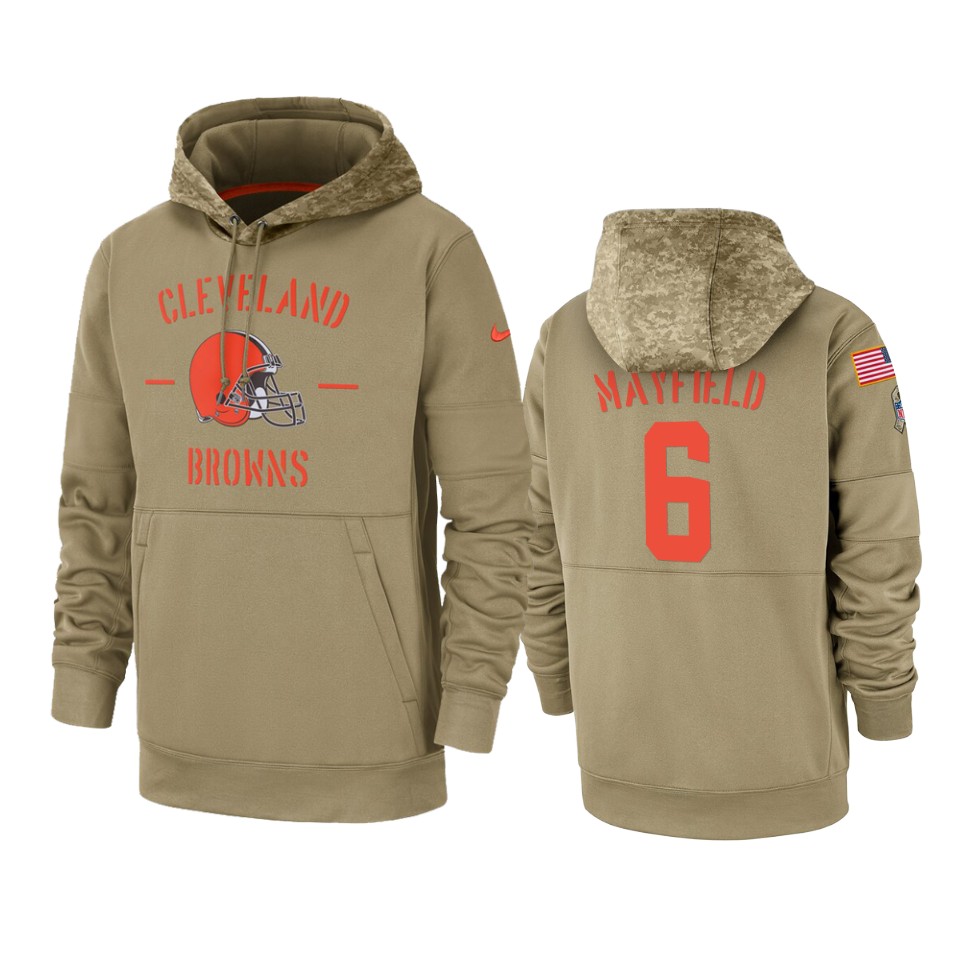 baker mayfield browns tan 2019 salute to service sideline therma hoodie