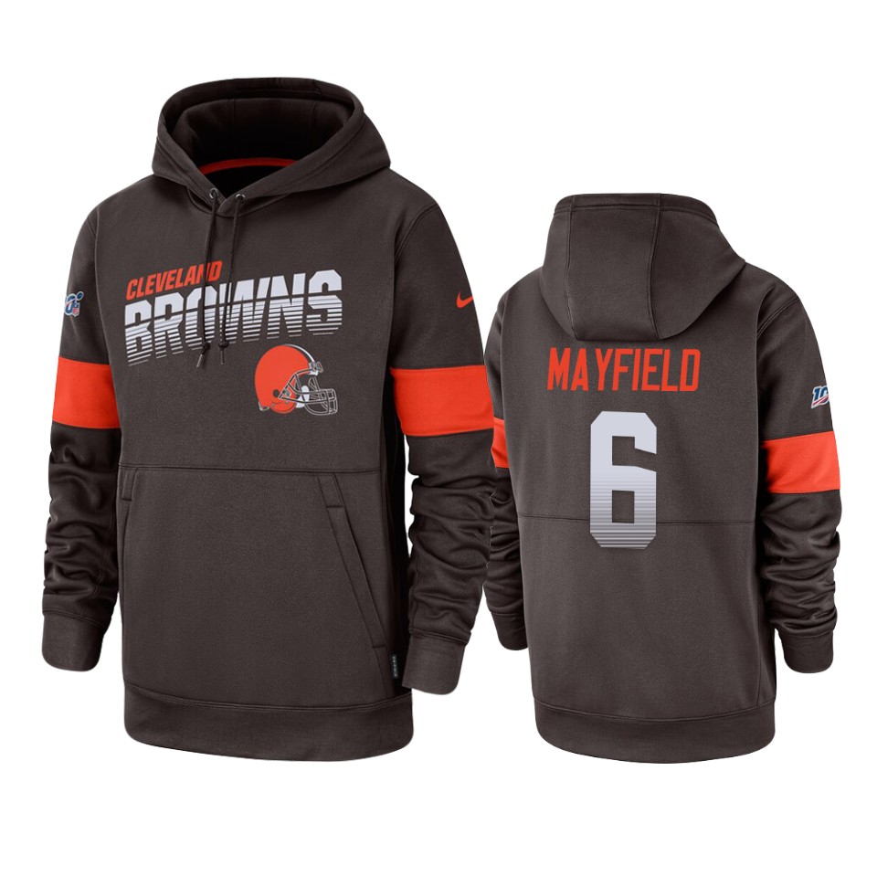 browns baker mayfield brown sideline team logo 100th season hoodie
