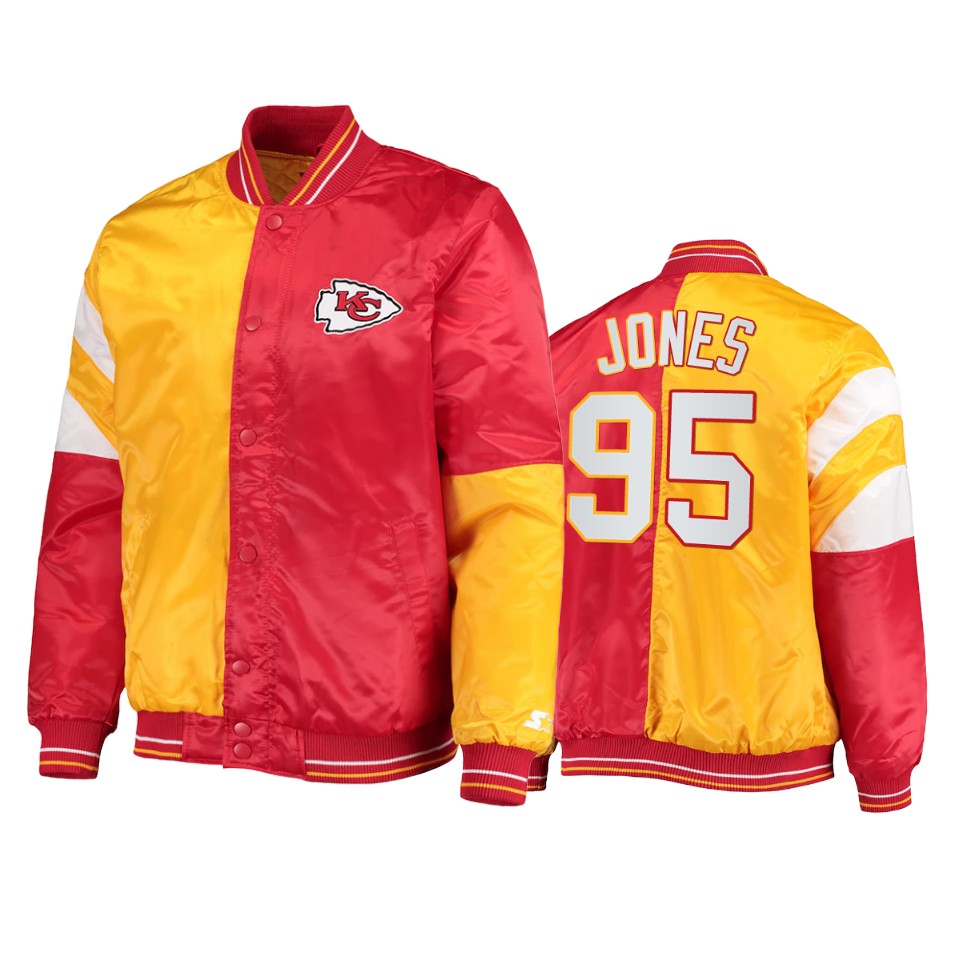 chris jones chiefs red yellow split leader varsity jacket