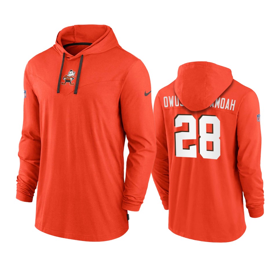 cleveland browns jeremiah owusu koramoah orange sideline performance hoodie tri blend t shirt