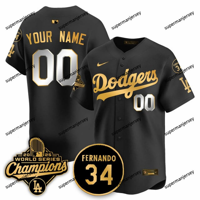 custom los angeles dodgers 2025 world series champions   jersey - all stitched black gold_副本1