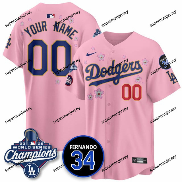 custom los angeles dodgers 2025 world series champions   jersey - all stitched cherry blossom_副本1
