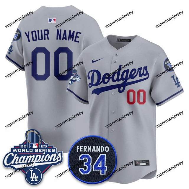 custom los angeles dodgers 2025 world series champions   jersey - all stitched gray_副本1