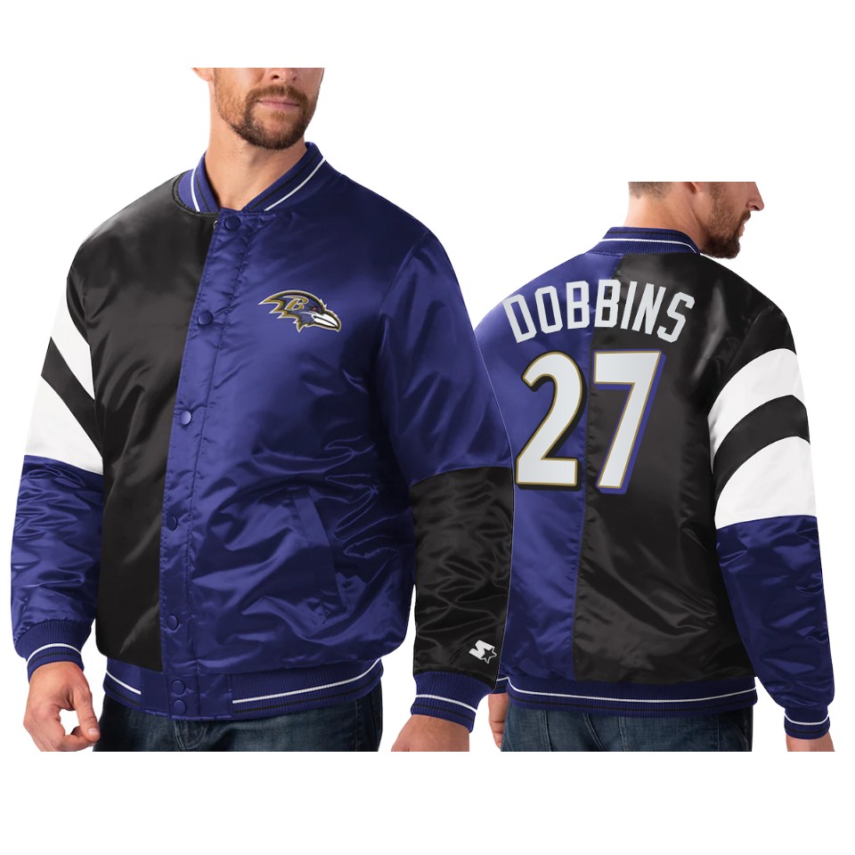 j.k. dobbins ravens purple black split leader varsity jacket