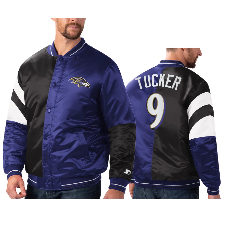justin tucker ravens purple black split leader varsity jacket