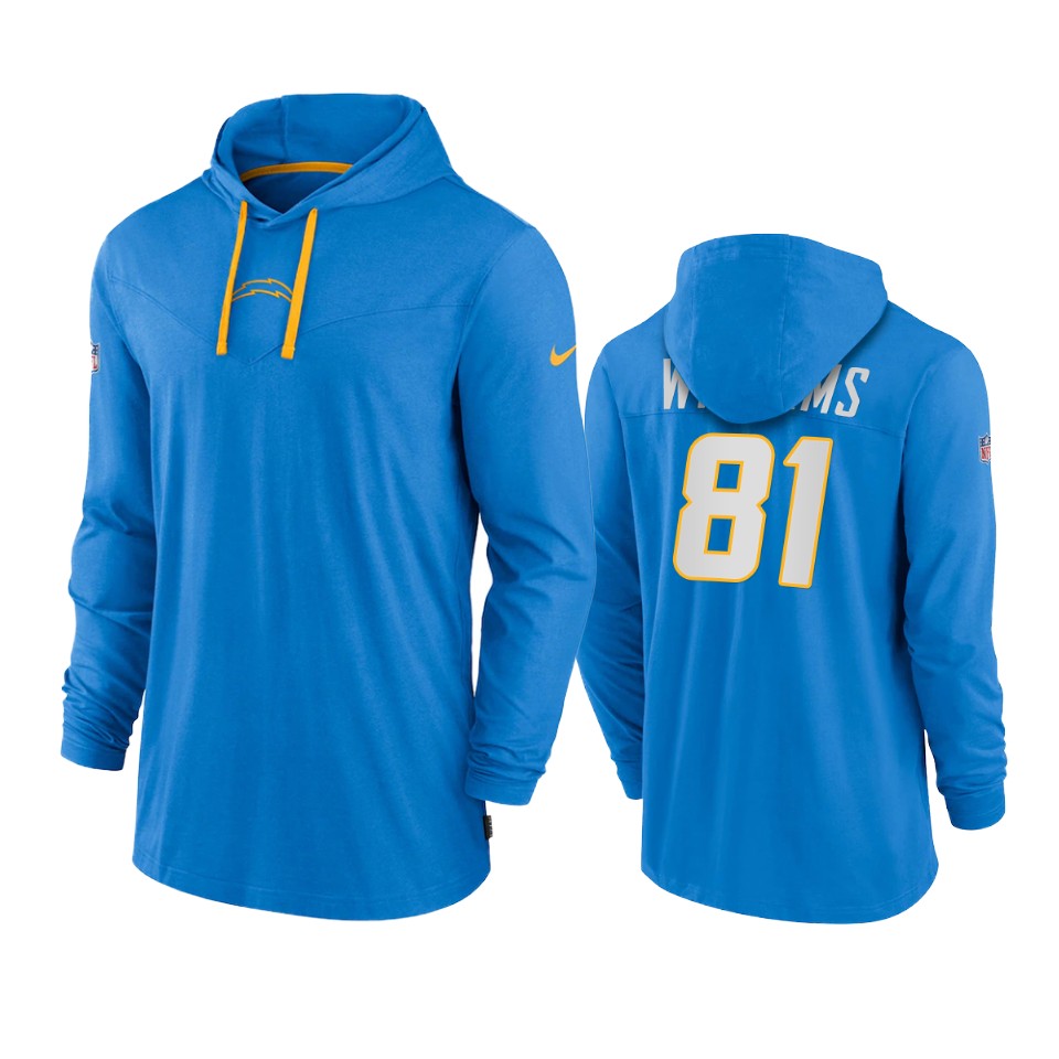 los angeles chargers mike williams powder blue sideline performance hoodie tri blend t shirt