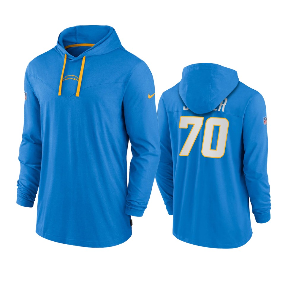 los angeles chargers rashawn slater powder blue sideline performance hoodie tri blend t shirt
