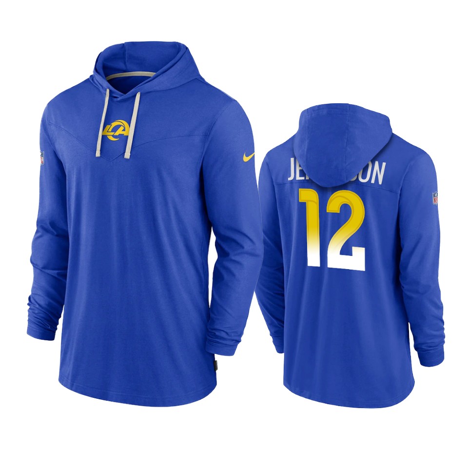 los angeles rams van jefferson royal sideline performance hoodie tri blend t shirt