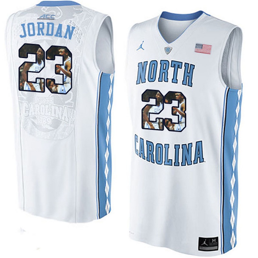 male north carolina tar heels white 23 michael jordan ncaa basketball jersey with player pictorial