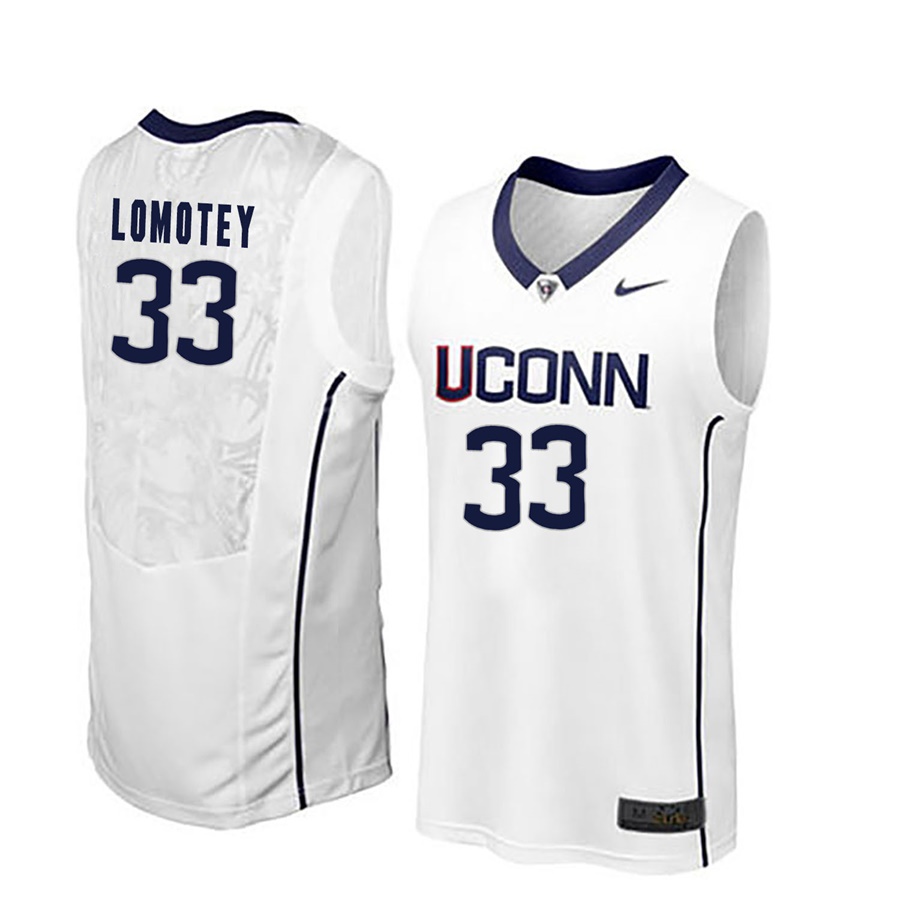 male uconn huskies white 33 restinel lomotey ncaa basketball player name and number jersey
