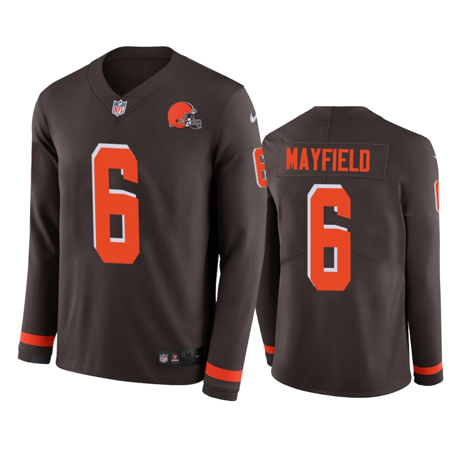 men's browns baker mayfield brown therma long sleeve jersey