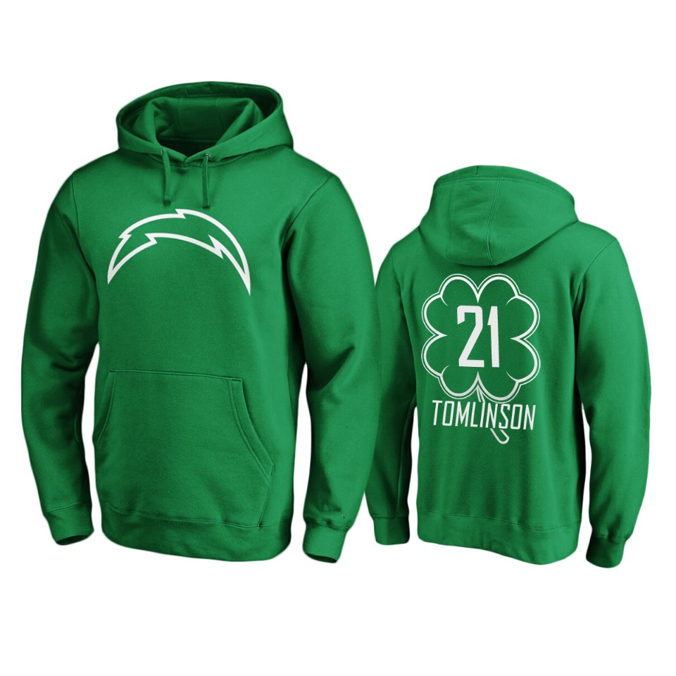 men's chargers ladainian tomlinson green st. patrick's day white logo hoodie