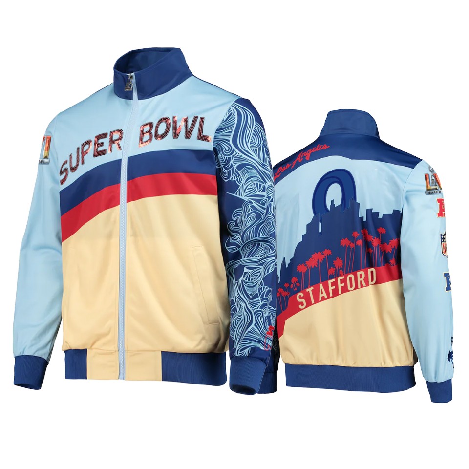 men's los angeles rams matthew stafford blue cream skyline track jacket