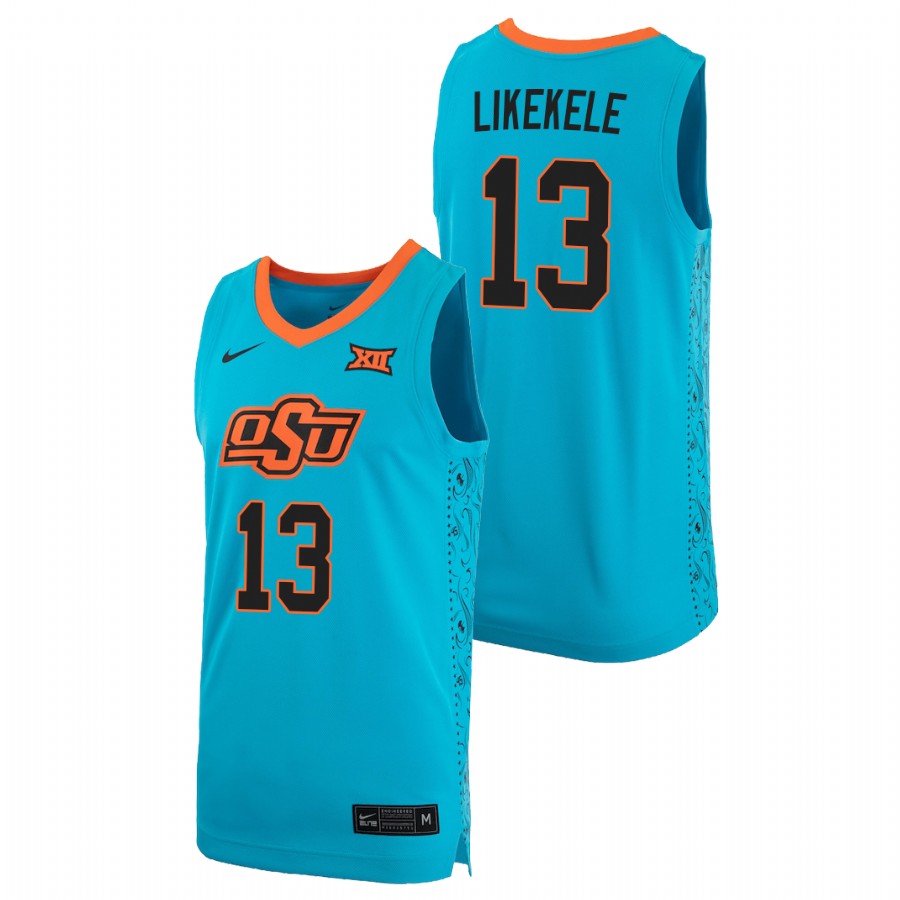 men's oklahoma state cowboys isaac likekele 2021 alternate replica basketball turquoise jersey