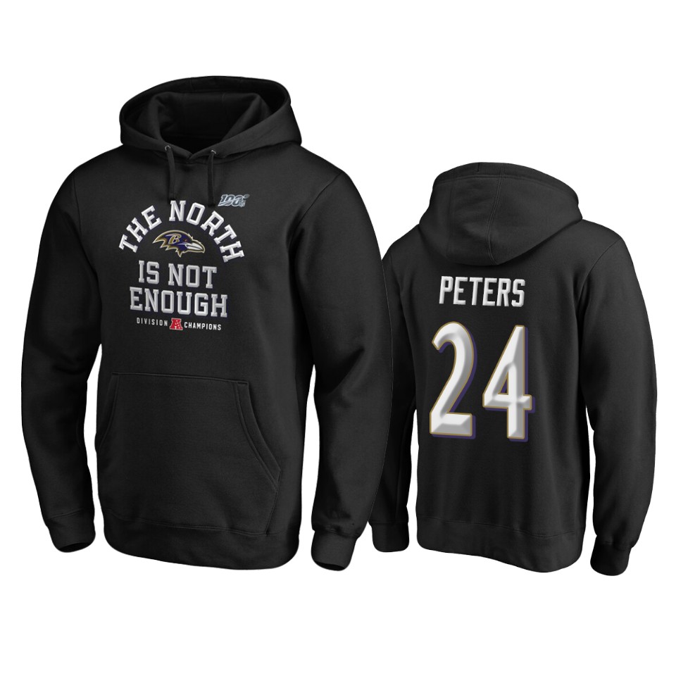men's ravens marcus peters black 2019 afc north division champions cover two pullover hoodie